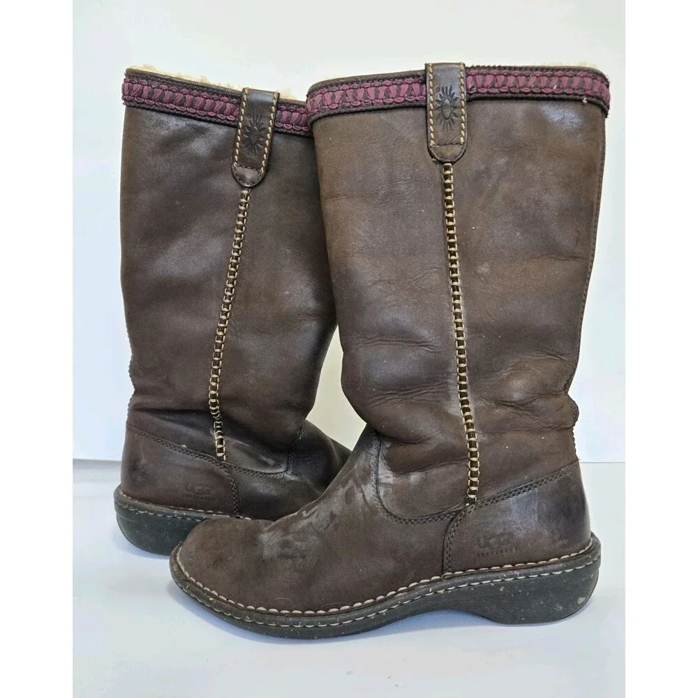 Ugg Boots Womens 8 Swell Tall Brown Leather Shearling Lined Winter Outdoor